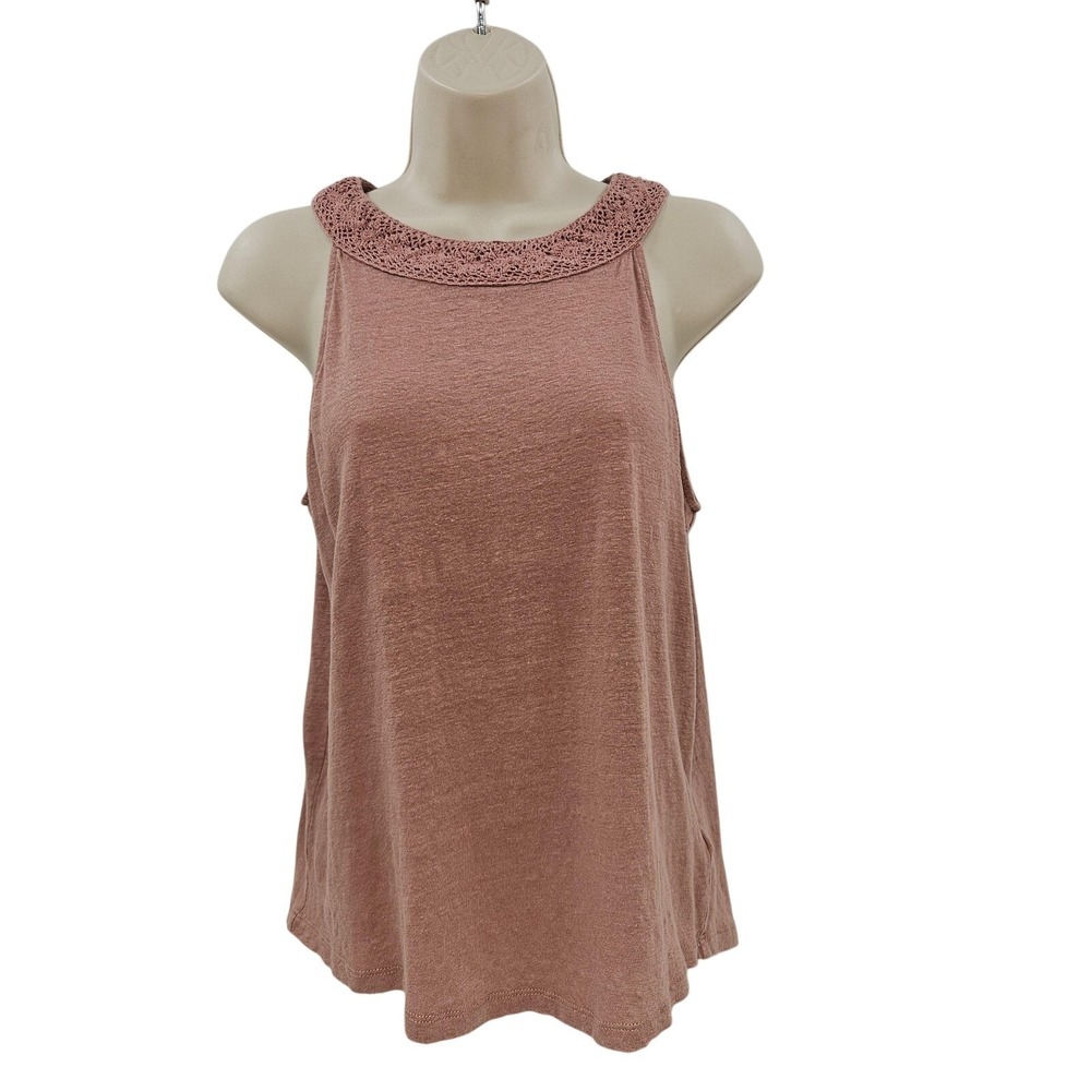 Rachel Zoe Tank Top Womens S Pink 100% Linen Crochet Neck Shirt Beachy Coastal
